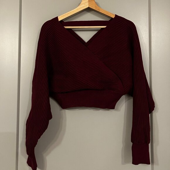 CROP SURPLICE SWEATER- BURGUNDY - Picture 1 of 3